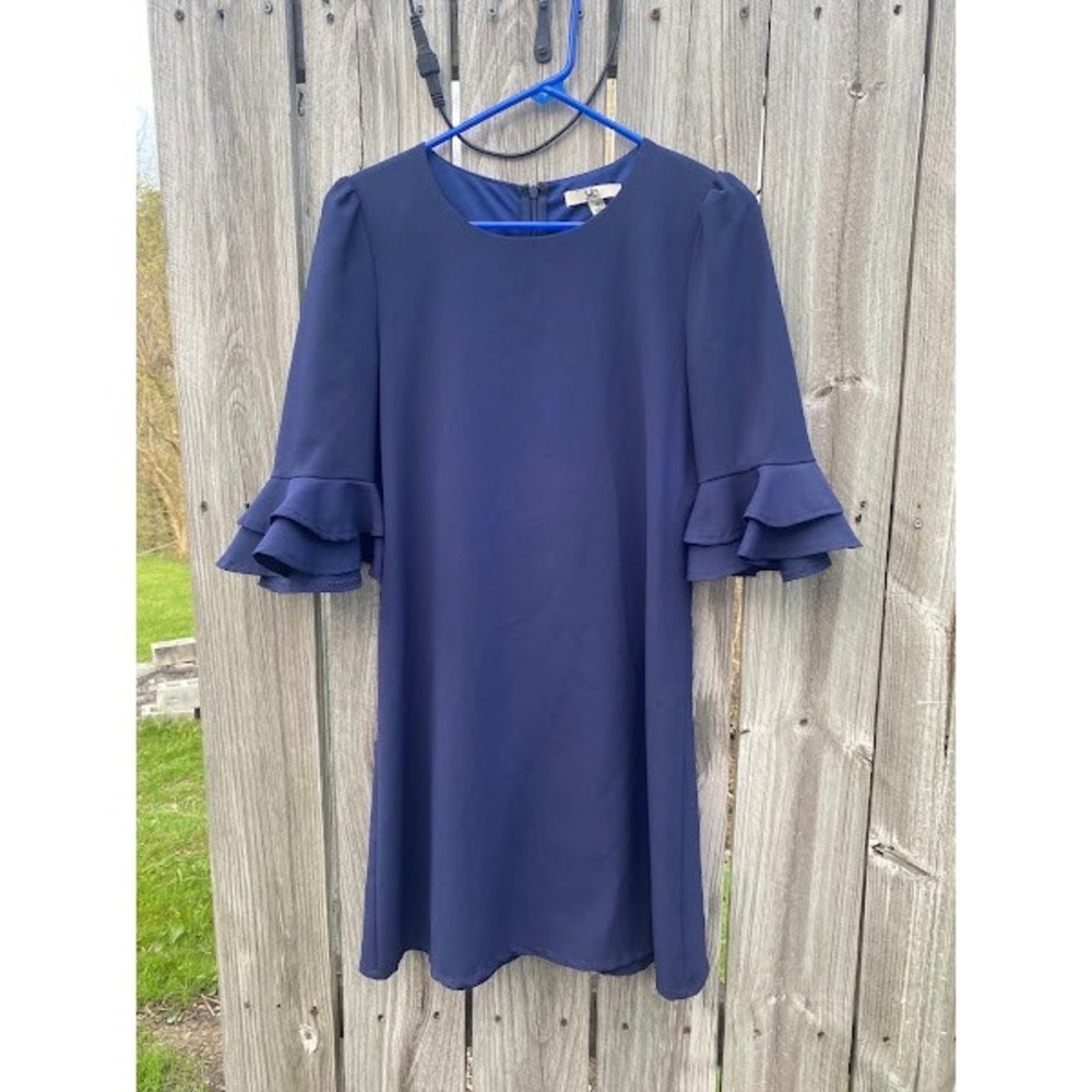 YA Los Angeles Navy Blue Tiered Ruffle Bell Sleeve Shift Dress Small YL15819